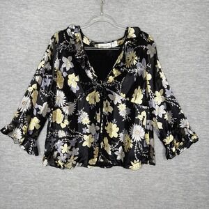 Floral Tie-Front Blouse - Black with Gold & Gray Flowers